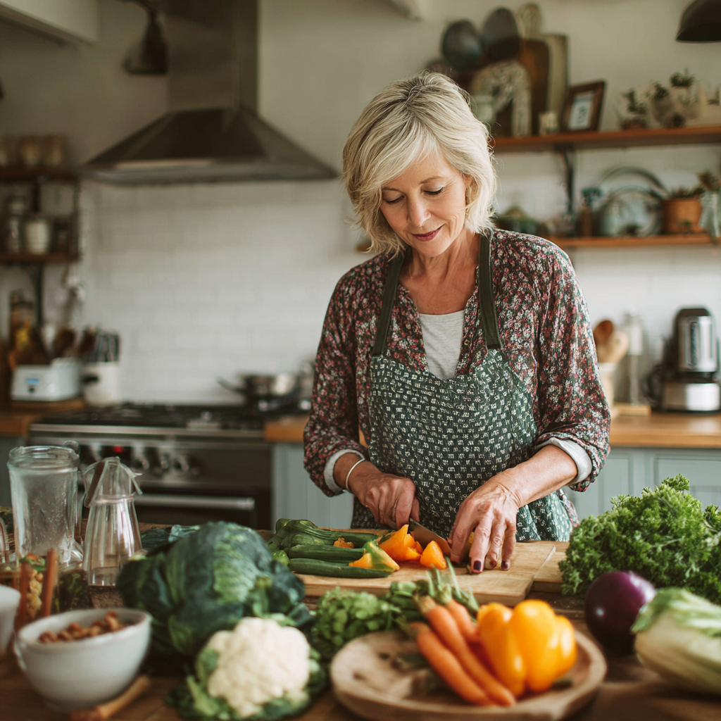 Middle-aged woman preparing fresh vegetables in modern kitchen