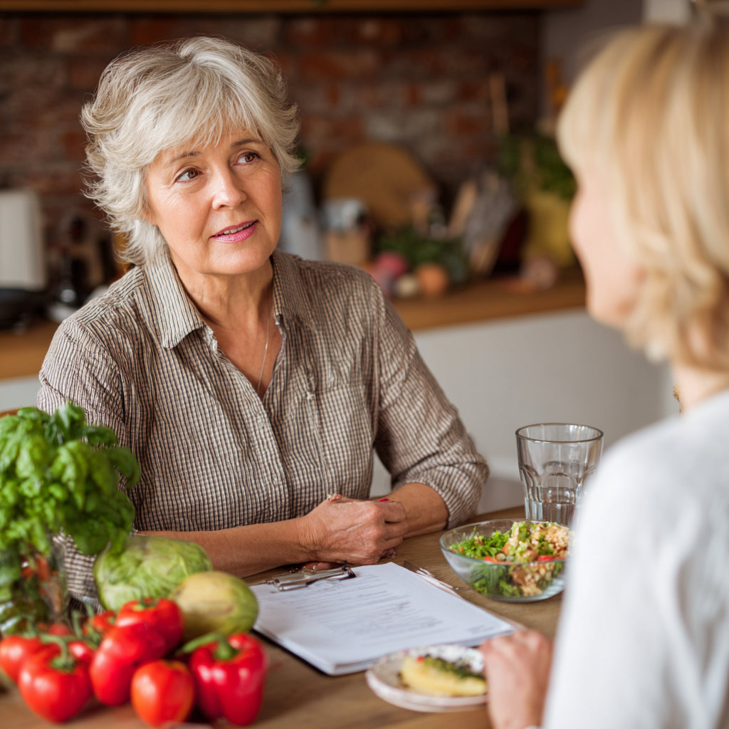 Senior nutritionist consulting with middle-aged client about meal planning
